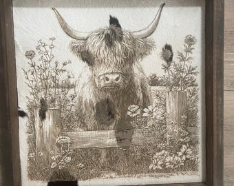 Highland Cow with Flowers Engraved Cowhide Western Rustic Farmhouse Wall Art Decor Gift
