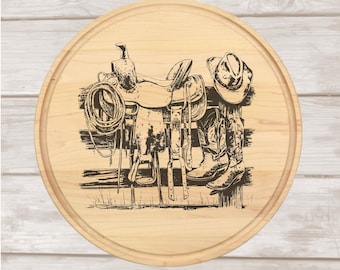 Saddle Western Charcuterie Board: Rustic Farmhouse Kitchen Cutting Board Rodeo Western Decor Laser Engraved Gift on Solid Maple or Cherry