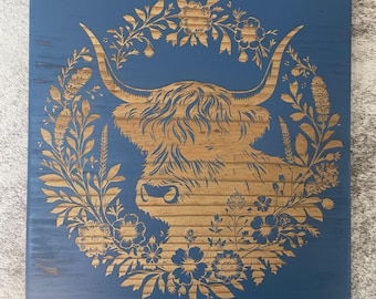 Highland Cow Engraved Farmhouse Sign Rustic Wood Wall Decor Country Ranch Kitchen Art