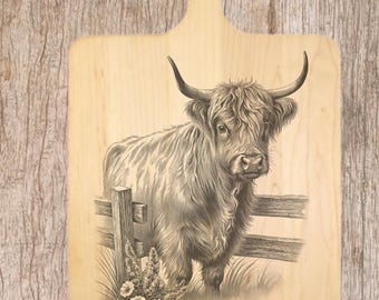 Highland Cow Western Decor Cutting Board Cherry Solid Wood - Cowboy Kitchen Housewarming Gift Ranch Style Chopping Block
