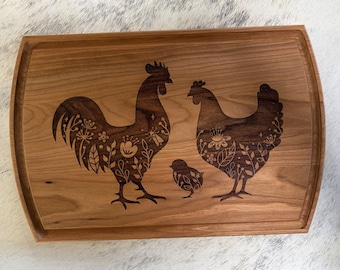 Floral three Chicken Laser Engraved Cherry Wood Cutting Board | Rustic Charcuterie Serving Board Gift