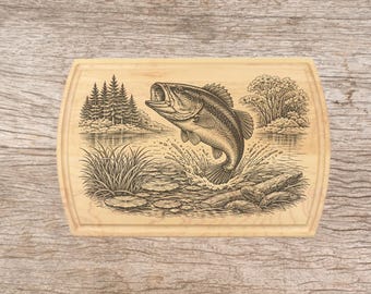Bass Laser Engraved Maple Cherry Cutting Board | Rustic Charcuterie Serving Tray Fathers Day Birthday Dad