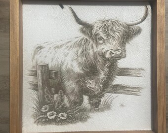 Engraved Highland Cow Cowhide Sign, Rustic Farmhouse Wall Art