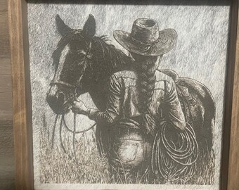 Cowgirl Engraved Cowhide Wall Art Rustic Western Home Decor Rodeo Ranch Farmhouse Living Room