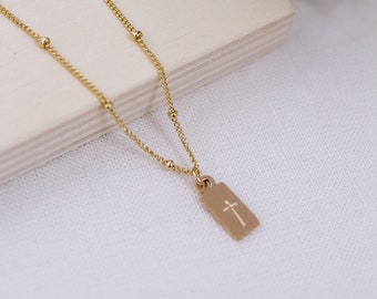 Gold Cross Tag Beaded Necklace, Gold Charm Religious Necklace, Christian, Baptism Gift