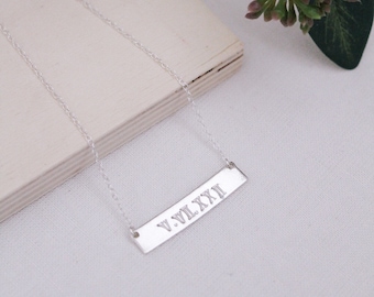 Roman Numeral Silver Bar Necklace, Personalized Bar, Date Necklace, Anniversary Gift, Engagement Gift, Wedding Gift