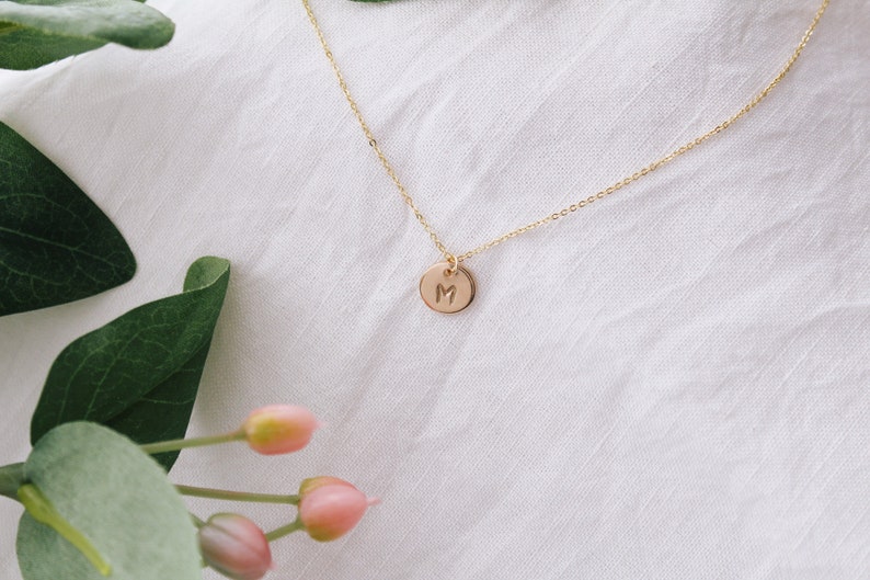 Gold Single Initial Disc Necklace, 1 Disc Initial Charm, Letter Necklace, Gold Initial Necklace, Personalized Gift, Mother's Day Gift image 2