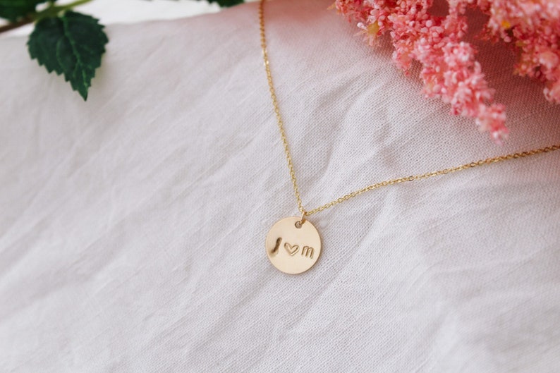 Lovers Initial Disc Necklace, Letter Necklace, Gold Initial Necklace, Gold Disc Pendant, Valentines Gift, Engagement Gift image 3
