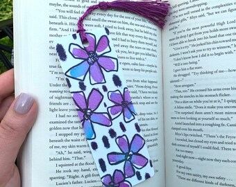 Purple & Blue Abstract Floral Watercolor Style Bookmark - With Or Without Tassel - Botanical Intuitive Line - Art Letters And Love Designs