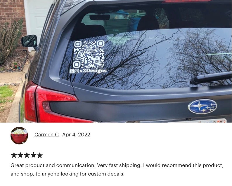 A 5 star review showing what this vinyl decal looks like on the back of a car. The size pictured is 7 inches in a white color.