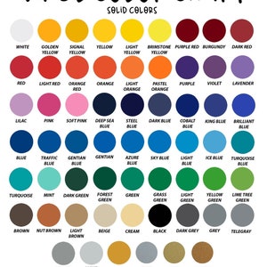 May include: Vinyl colour chart featuring a range of colours, including white, yellow, red, blue, green, brown, and grey. The chart also includes metallic colours such as gold, silver, and copper.