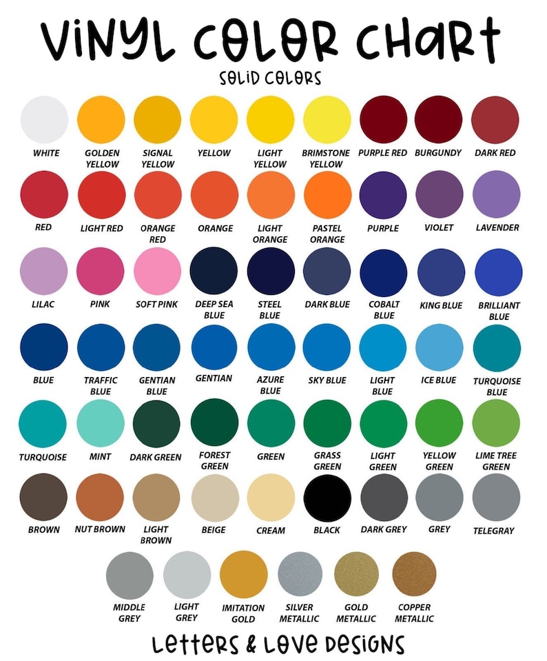 May include: Vinyl colour chart featuring a range of colours, including white, yellow, red, blue, green, brown, and grey. The chart also includes metallic colours such as gold, silver, and copper.