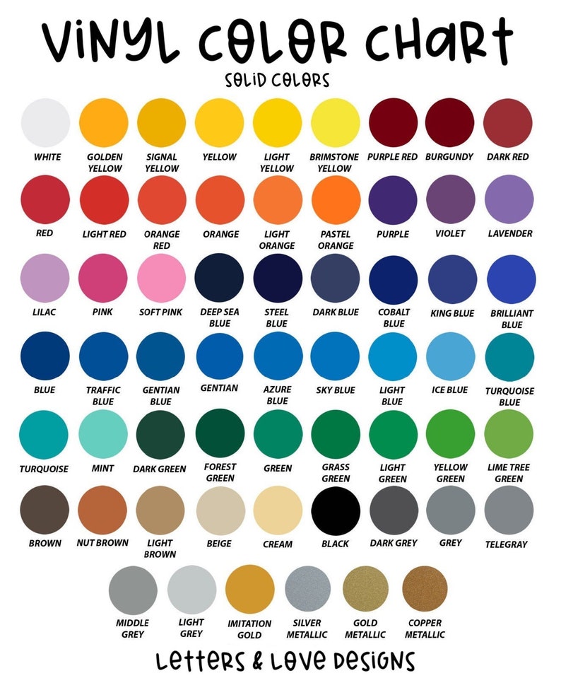 The solid color chart for all of the vinyl decals from Letters & Love Designs.