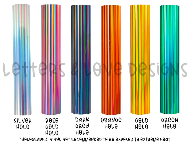 The holographic colors available for the vinyl decals from Letters And Love Designs.