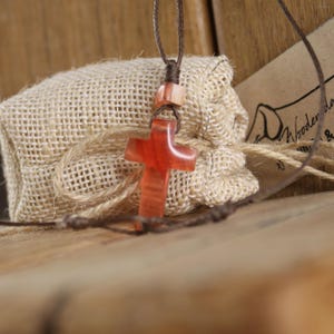 Christian Cherry wood and red resin cross pendant necklace