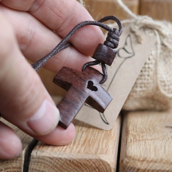 Wood Cross Unique Necklace Christian Handmade Gift with heart