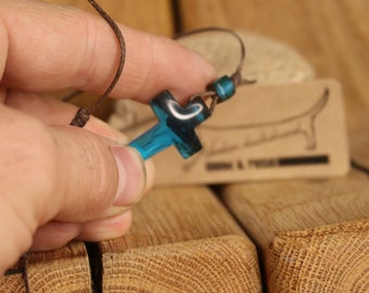 Handcrafted walnut wood and blue resin cross pendant necklace