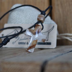 Unique olive wood Cross pendant with resin Religion Cross necklace