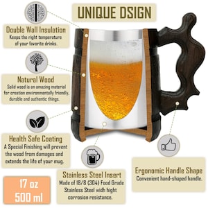 Puede incluir: Corte transversal de una jarra de cerveza de madera con interior de acero inoxidable, llena de cerveza. La jarra tiene un exterior de madera marr&oacute;n oscuro, un asa ergon&oacute;mica y presenta texto que destaca su aislamiento de doble pared, construcci&oacute;n de madera natural y revestimiento seguro para la salud. Capacidad: 500 ml.