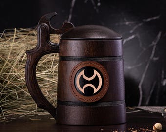 Final Fantasy Warrior Mug with Lid Personalized Beer Stein Wooden Tankard Geek Gift for Gamer Mug Wooden Beer Mug For Him For Husband #596