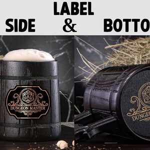 May include: A black wooden beer stein with a brown leather handle. The stein has a label on the side that says "Dungeon Master" and features a gold-colored eight-sided die. The bottom of the stein has the same label.