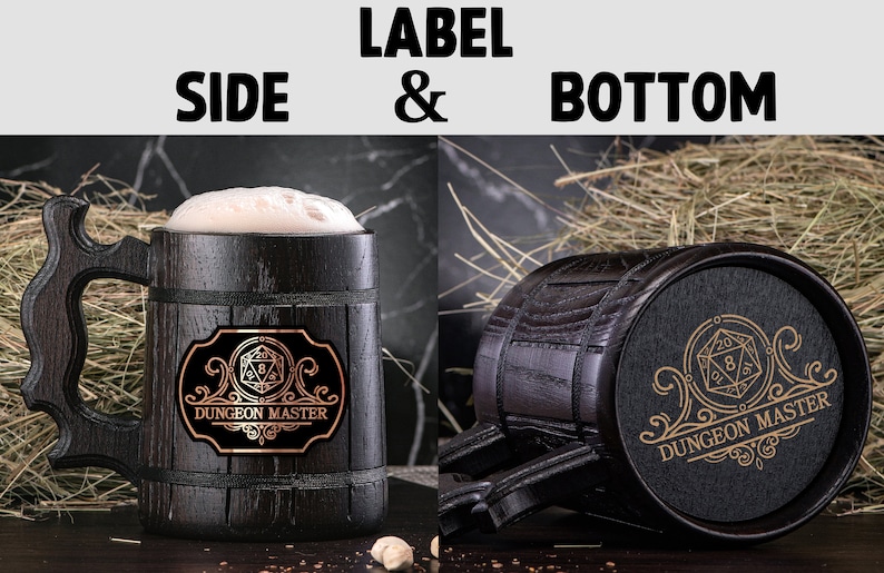 May include: A black wooden beer stein with a brown leather handle. The stein has a label on the side that says "Dungeon Master" and features a gold-colored eight-sided die. The bottom of the stein has the same label.