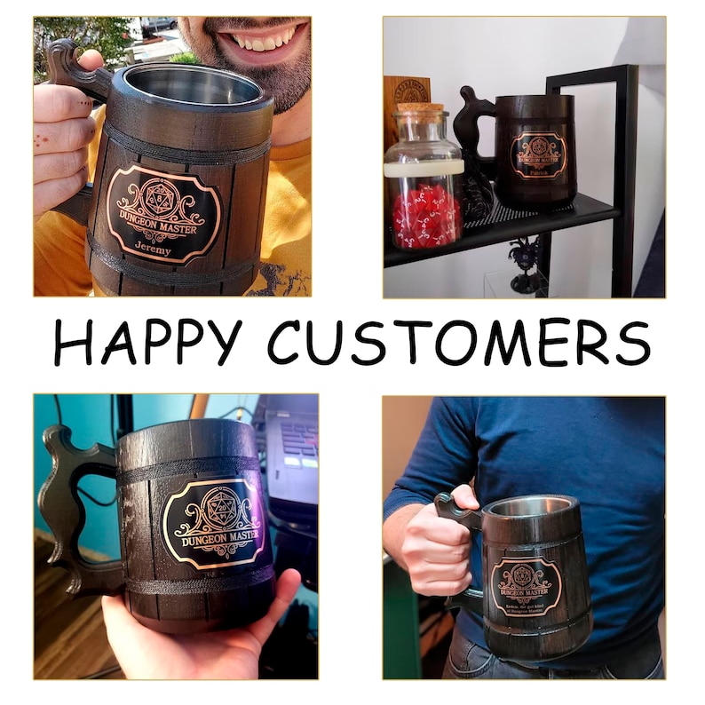 May include: Four images of a brown wooden beer stein with a metal lid and a metal band around the middle. The band has a gold inscription that reads "Dungeon Master" and a space for a name. The stein is shown in different settings, including a person holding it and on a shelf.