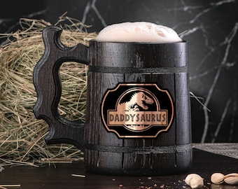Daddysaurus Mug Father's Gift, Personalized Gift for Dad, Wooden Beer Mug, Beer Stein, Jurassic World Dad Gift, Gift for Father Mug #939