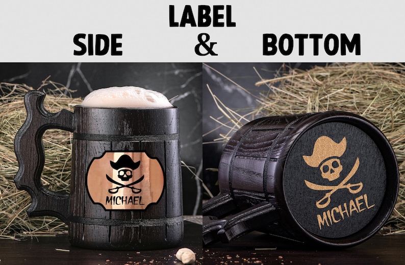 Personalized Wooden Mug. Pirate Skull Mug. Wooden Beer Mug. Groomsman Pirate Party Gifts. Custom Wood Steins Tankard #139 Side & Bottom
