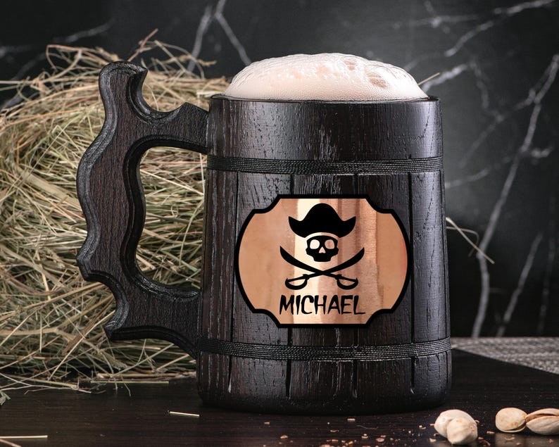 Personalized Wooden Mug. Pirate Skull Mug. Wooden Beer Mug. Groomsman Pirate Party Gifts. Custom Wood Steins Tankard #139 Side (copper plate)