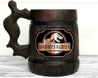 Daddysaurus Mug Father's Gift, Personalized Gift for Dad, Wooden Beer Mug, Beer Stein, Jurassic World Dad Gift, Gift for Father Mug #939
