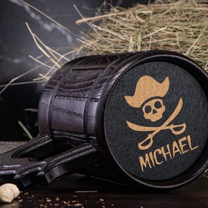 Personalized Wooden Mug. Pirate Skull Mug. Wooden Beer Mug. Groomsman Pirate Party Gifts. Custom Wood Steins Tankard #139 Bottom (wooden)