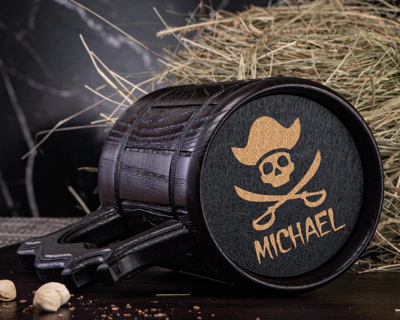 Personalized Wooden Mug. Pirate Skull Mug. Wooden Beer Mug. Groomsman Pirate Party Gifts. Custom Wood Steins Tankard #139 Bottom (wooden)