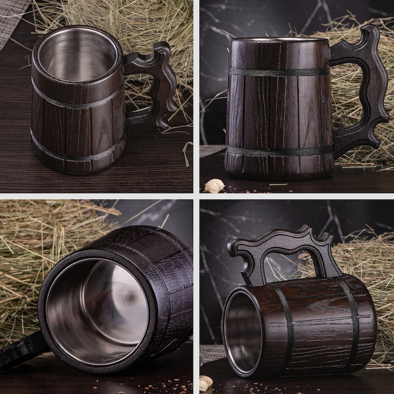 May include: Four wooden beer mugs with stainless steel interiors. The mugs are dark brown and have a wood grain pattern. The handles are shaped like a barrel.