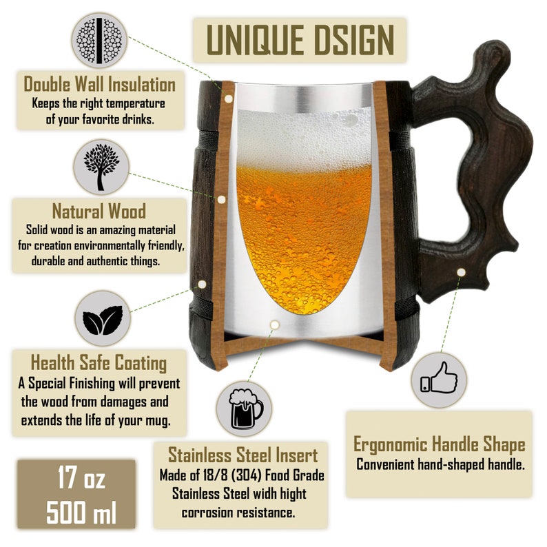 May include: A wooden beer mug with a stainless steel insert and a brown wooden handle. The mug is 17 ounces or 500 milliliters. The mug has a double wall insulation, a natural wood exterior, a health safe coating, and an ergonomic handle shape.