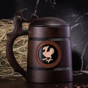 Chocobo Wooden Tankard with Lid Final Fantasy Geek Gift for Gamer Mug Beer Stein Wooden Beer Mug Personalized Gamer Gift For Him #555