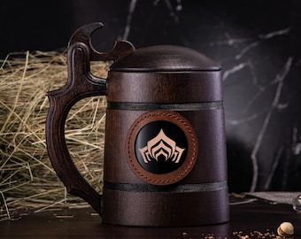 Warframe Mug with Lid Personalized Gamer Gift For Him Wooden Beer Mug Beer Stein Beer Tankard Christmas Gift for Husband Mug #287