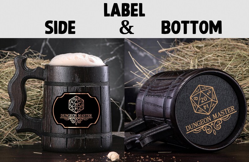 May include: A dark brown wooden beer stein with a black label that says "Dungeon Master" and features a gold 20-sided die. The stein has a handle and is sitting on a bed of straw.