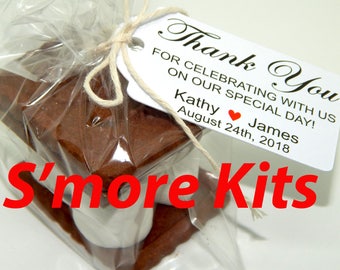 Set of 5 - 105 pcs. Custom Thank You Wedding Favor Kit, S'mores Favor Bags, S'mores Wedding Bags and Tags and Twine, Smores Bar