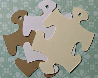 Puzzle piece shaped tags - blank larger tags, gift tags, 1.75x2 tags/twine, ivory cardstock, white tags, kraft brown hang tags, unique tags