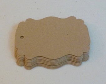 Fancy Kraft Tags (50) - blank bracket / real estate sign shape, bakers twine ties . elegant large rustic tags for weddings, gifts, products