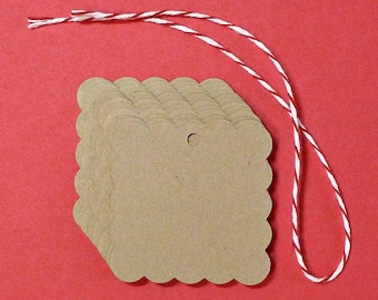 Scalloped Square Tags (100) - small 1.5” kraft tags, bakers twine ties . rustic look tags for products, gifts, wedding favors, treat bags