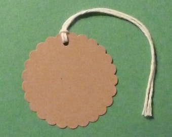 Scalloped Round Kraft Tags (50) - blank circles 1.5” diameter . DIY gift tags, product labels, price tags . rustic grocery bag brown