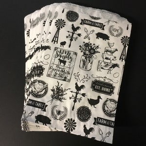 Favoritos da fazenda - sacolas de papel plano para mercadorias, lembrancinhas de casamento, guloseimas, presentes, sacolas divertidas para lanches, embalagens pretas e brancas, sacolas extravagantes