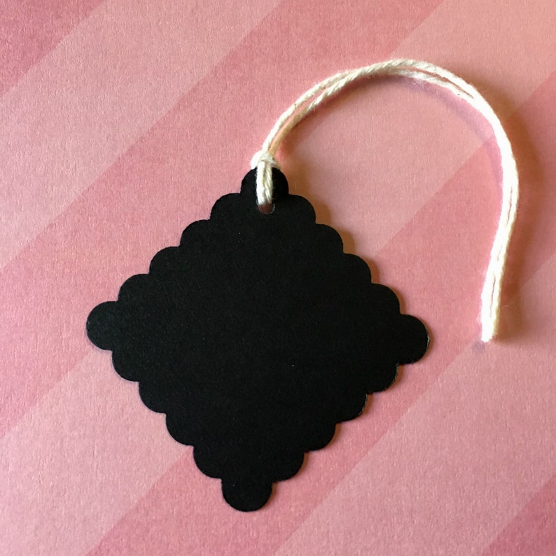 Scalloped Square Black Tags Etsy seller supplies - blank tags 1.75 square with bakers twine ties DIY product labels 50