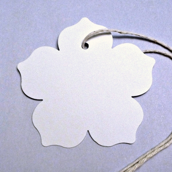 Flower Petal Tags (50) - blank white tags with bakers twine ties . use for your products, for gifts, weddings, parties . DIY price tags