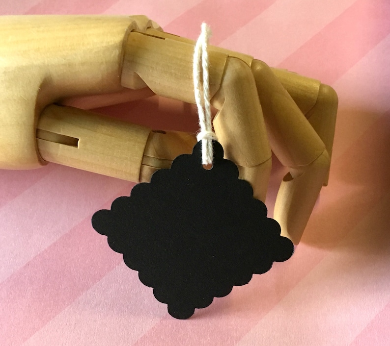 Scalloped Square Black Tags Etsy seller supplies - blank tags 1.75 square with bakers twine ties DIY product labels 50