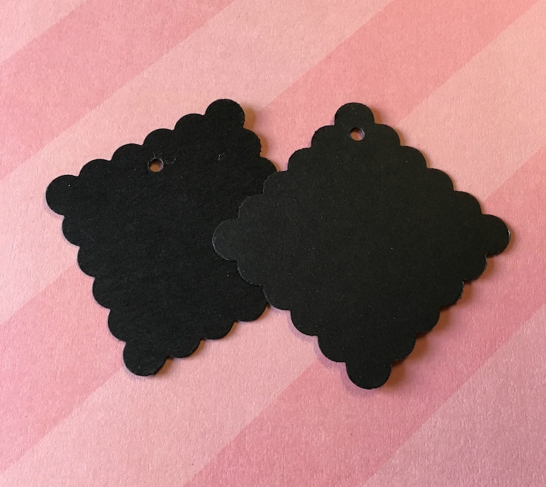 Scalloped Square Black Tags Etsy seller supplies - blank tags 1.75 square with bakers twine ties DIY product labels 50