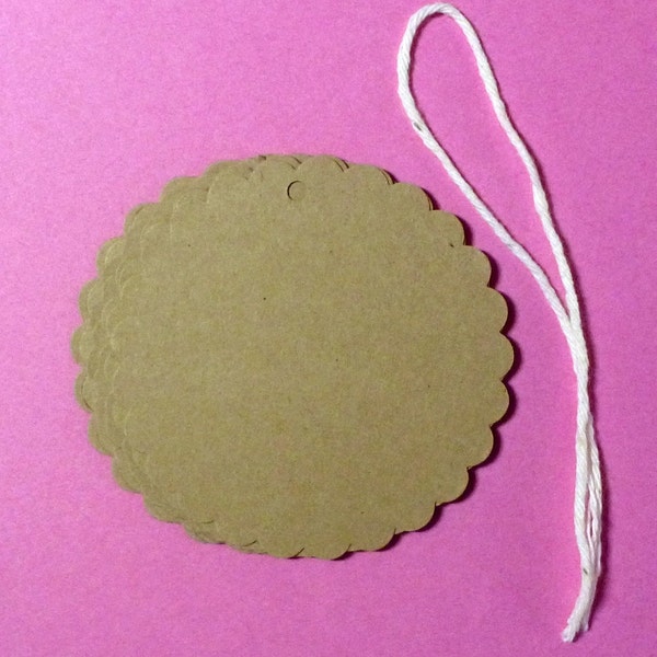 Large Scalloped Kraft Tags (50) - 2.5” round / circle tags for products or gifts . blank tags with bakers twine ties . rustic wedding tags