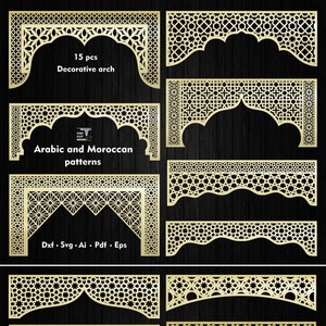 Collectie 15 decoratieve bogen met Arabisch en Marokkaans patroon, wanddecoratiepaneel in islamitische stijl, Mihrab CNC en lasersnijdend bestand Dxf, Svg